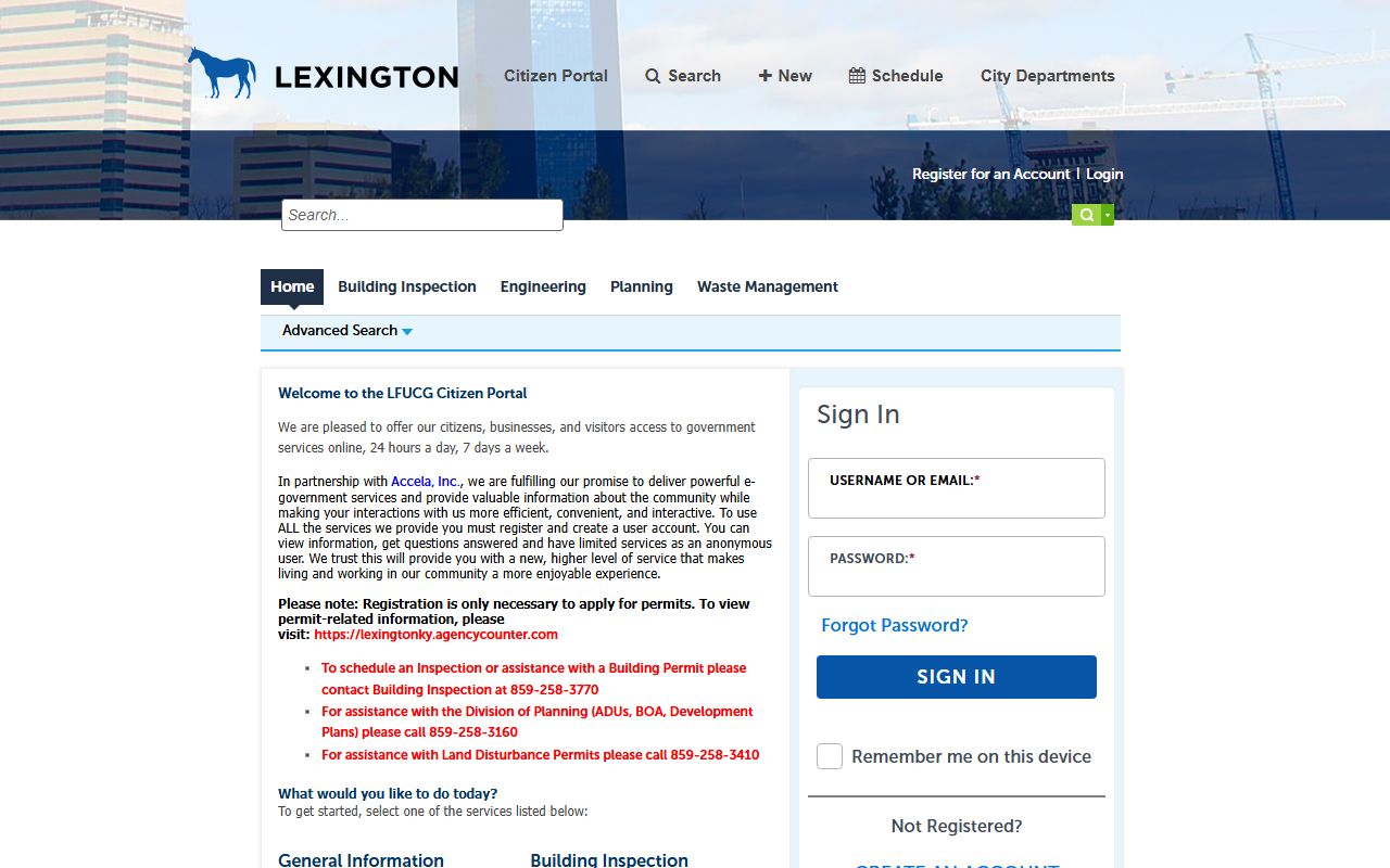 Lexington Accela Portal for building permits and planning records
