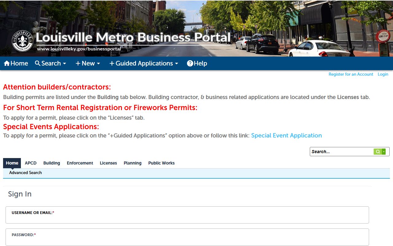 Louisville Metro Business Portal for property records and permits