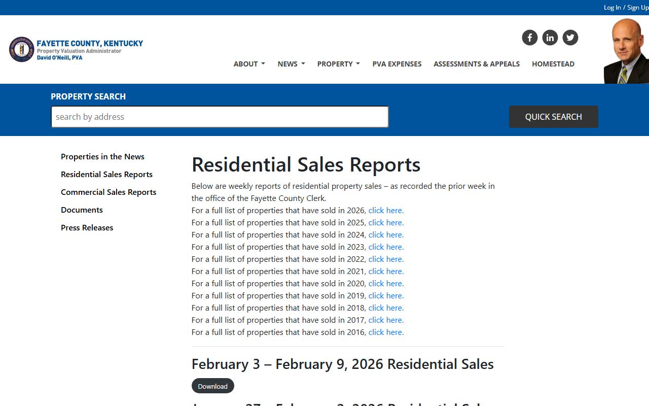 Fayette County property sales reports and market data from PVA
