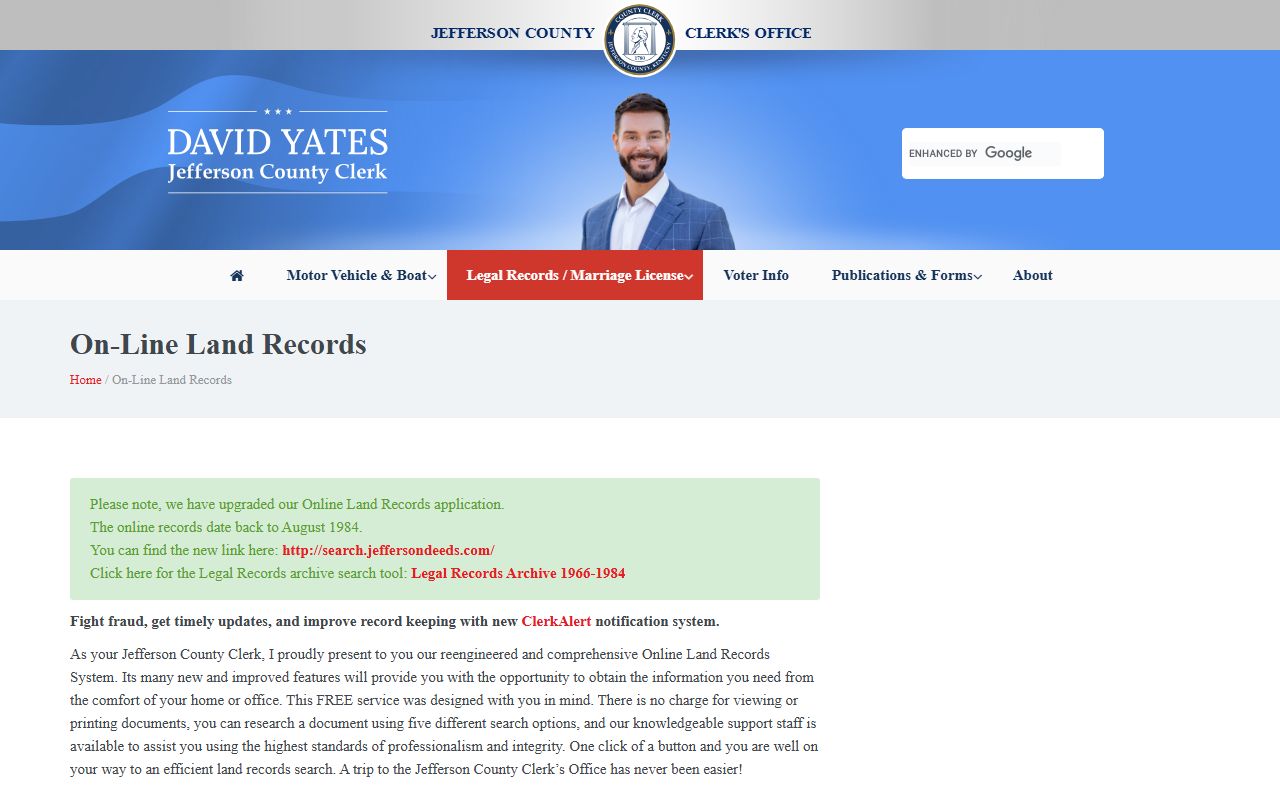 Jefferson County Property Records online land records information and access page